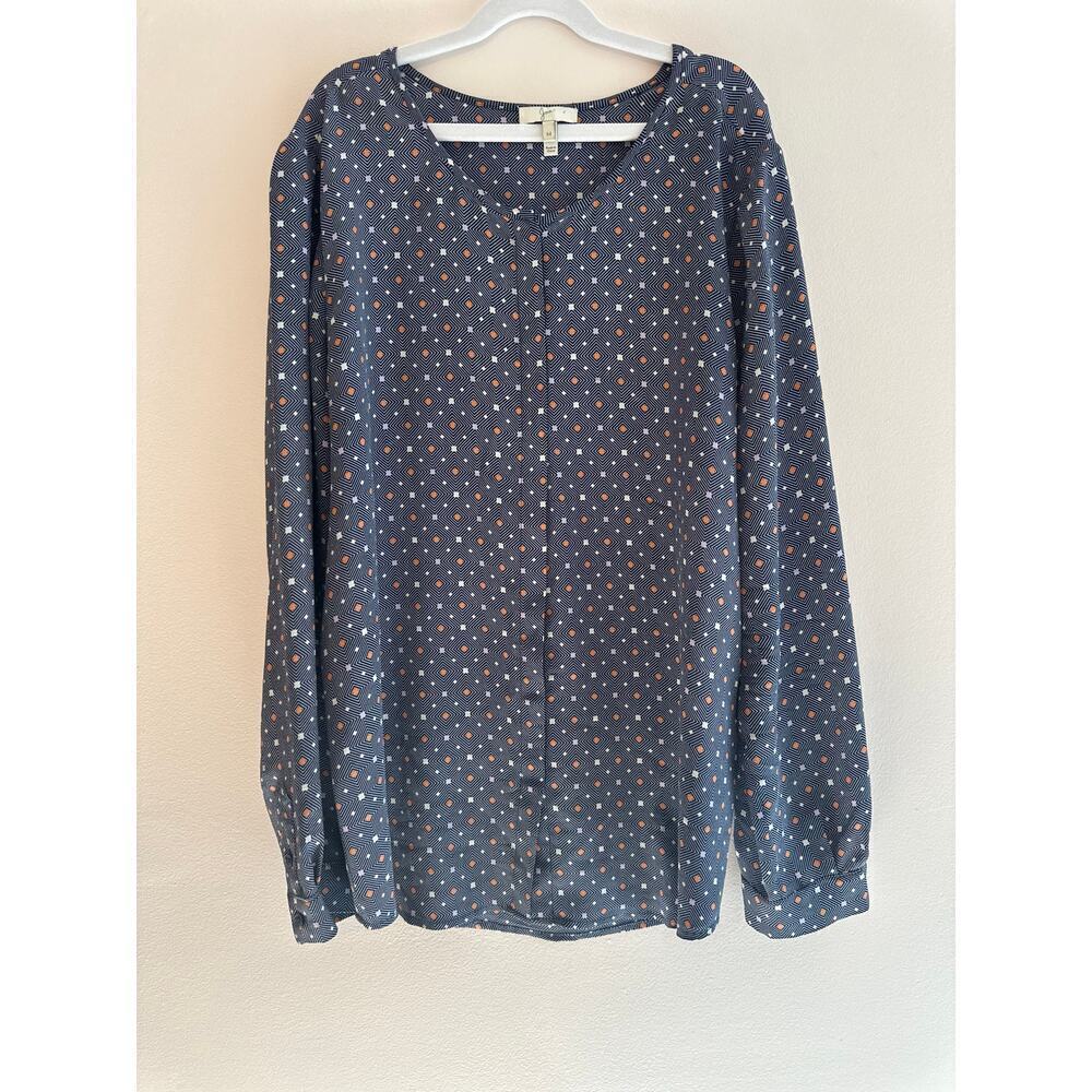 Joie 100% Silk Purine Geometric Blouse Hidden Button Placket Roll Tab Sleeves